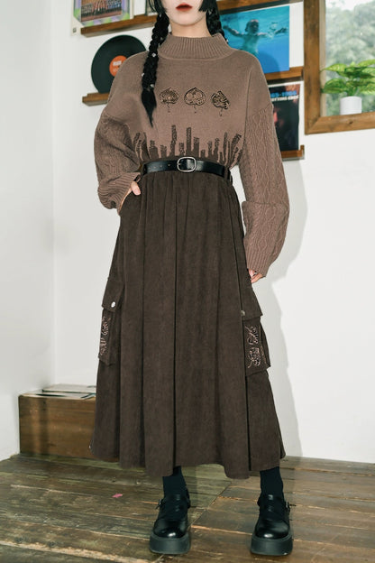 2 new products 81% off "Reincarnation" brown corduroy skirt drape slimming national style embroidered A-line skirt