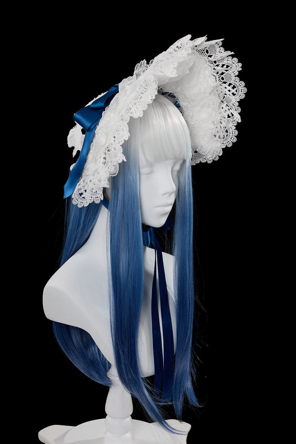 【8月13日予約締切】ホワイトブルー/ブラックブルークラシックロリータエレガントシリーズアクセサリー（ボンネット・オーキッドヘアクリップブローチ・バックリボンチュールカーテンオーバースカート）