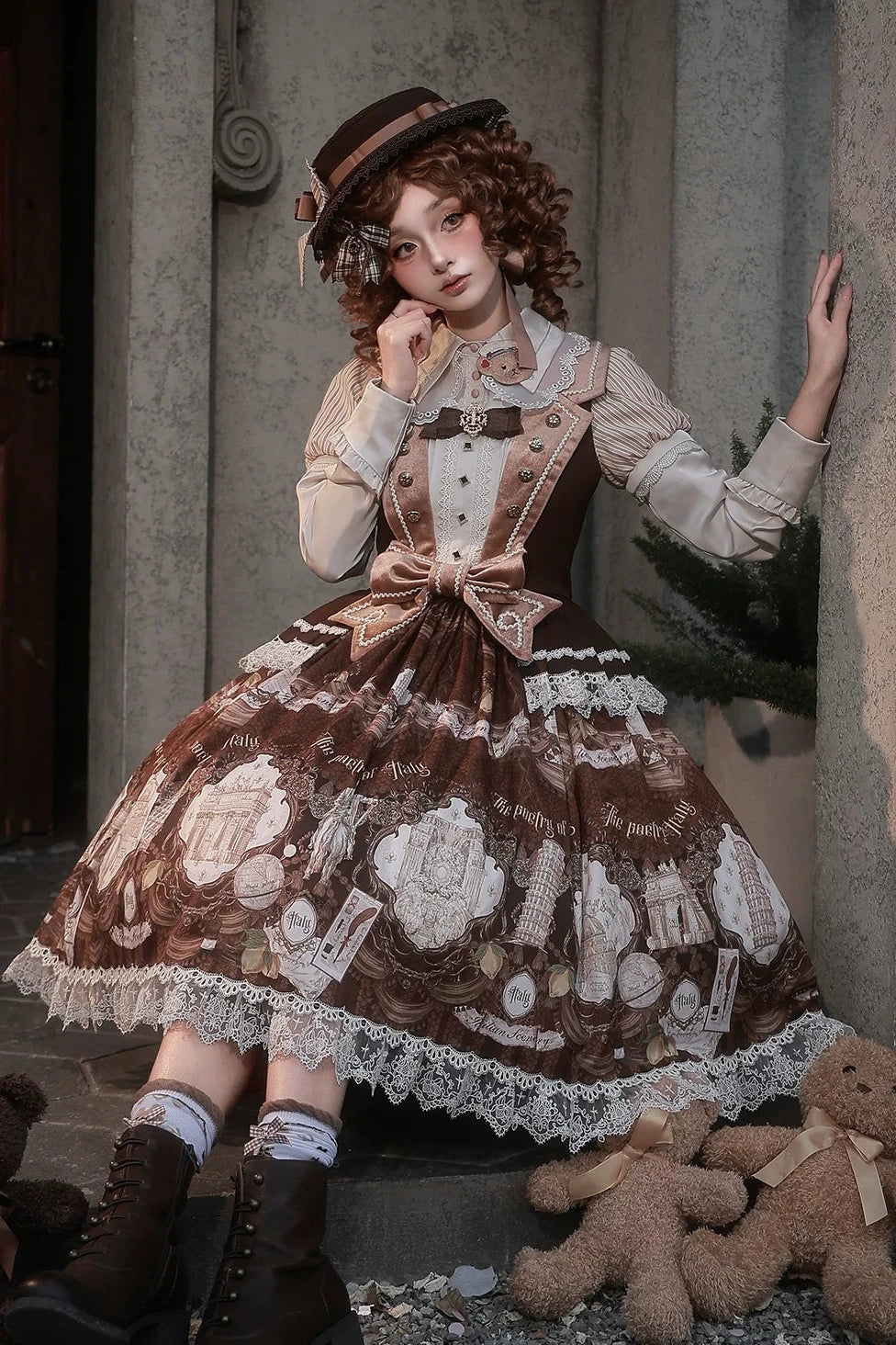 [Reservation Deadline: November 6] Beige Striped Short-Sleeve Lolita Shirt with Beautiful Embroidery and a Layered Lace Collar + Pair of Detachable Long Sleeves + Long-Sleeve Shirt (with Detachable Embroidered Collar)