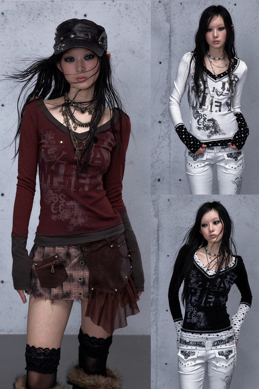 레트로 다크 패치워크 탑