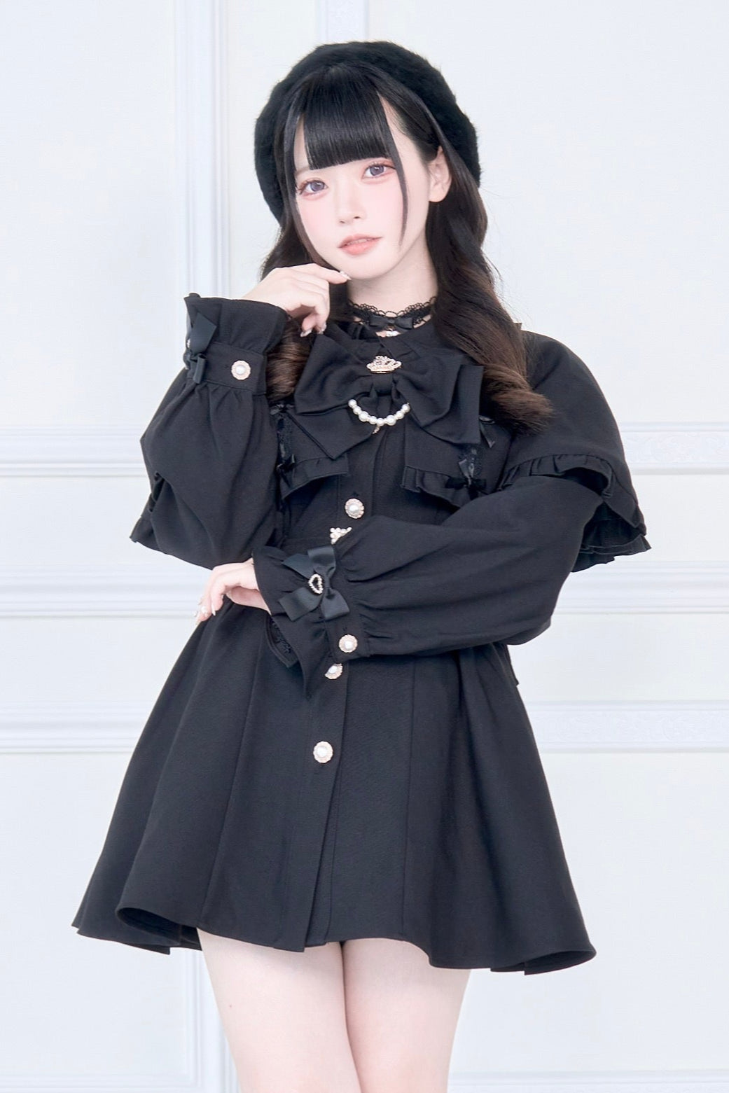 【予約商品】チェックアンドブラックケープショートトレンチクラウンリボンコート