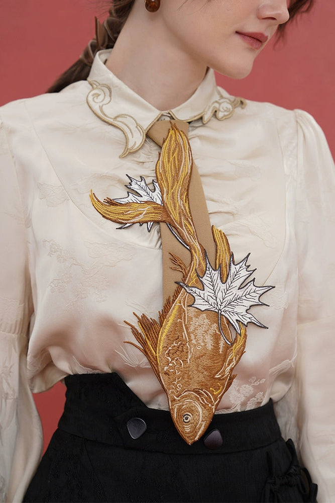 Kamo original Chinese style sinking fish fallen leaves tie women's matching shirt design sense niche embroidery bow tie accessories