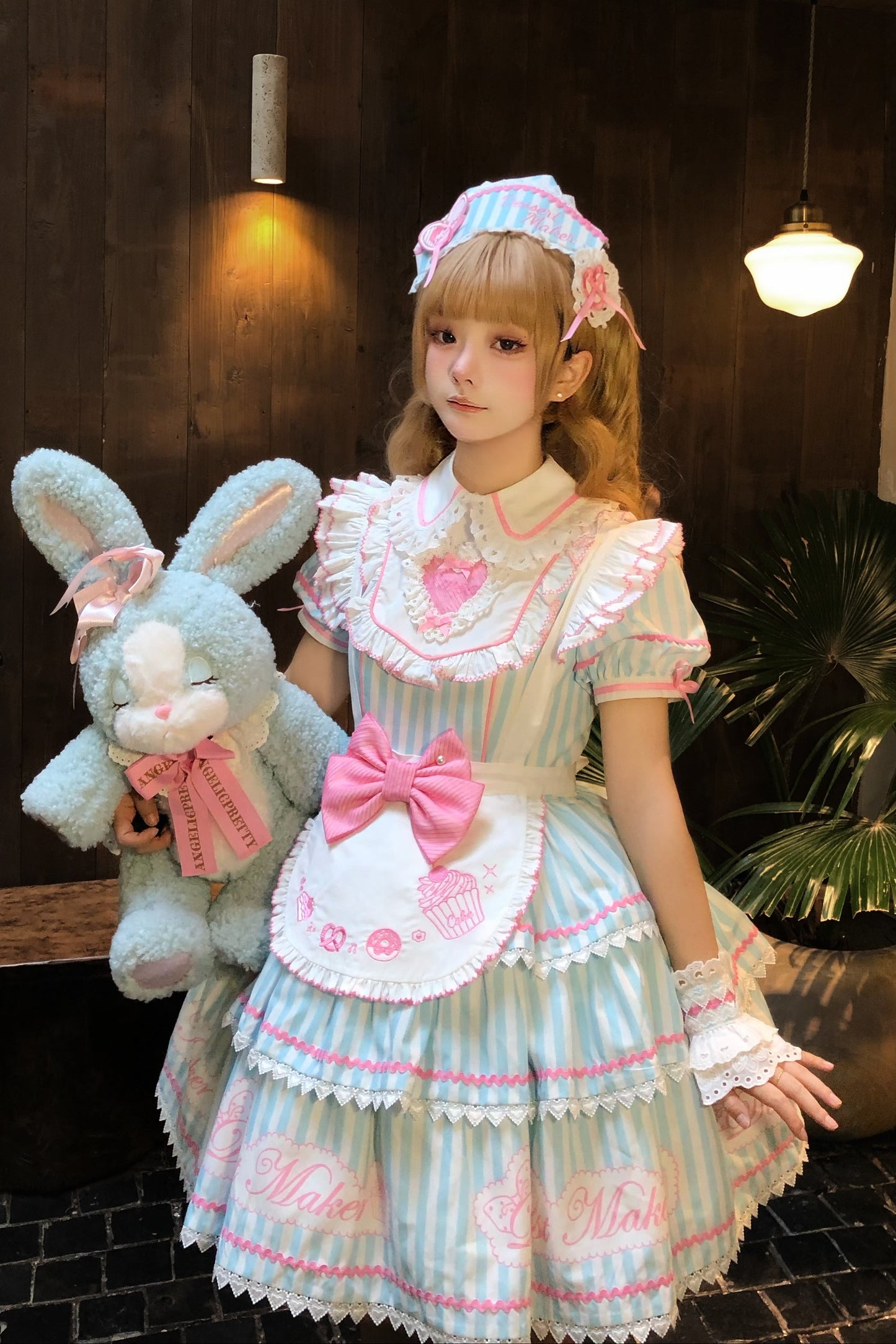 【6月18日予約締切】ピンク/ ブルー/ブラックスイートメイドロリータキャンディストライプティアードドレス＋ドレスセット1/2/3