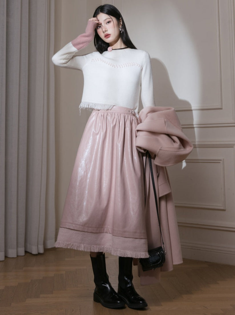 Milky Peach Sweetheart Belt Leather Long Skirt