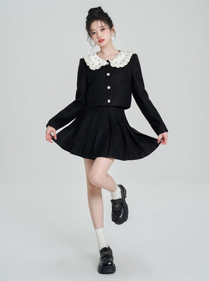 Diamond Fragrance Style Black Short Jacket + Pleated Skirt