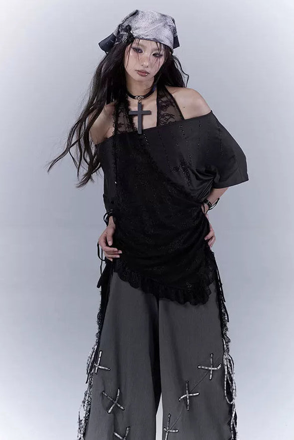 シアーオフショルレースハルタートップス