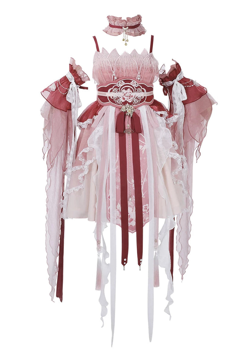 中国风印花羽毛连衣裙+羽毛袖+腰带