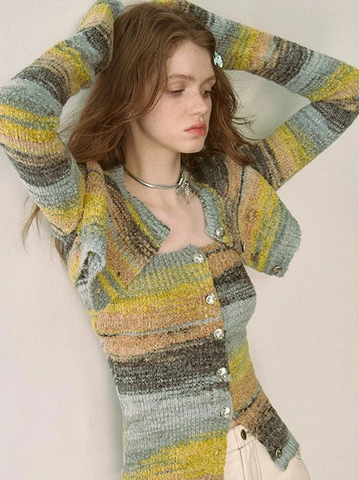 Col rond multicolore Veste cardigan courte à mailles étroites Top tube à poitrine serrée Combinaison jupe