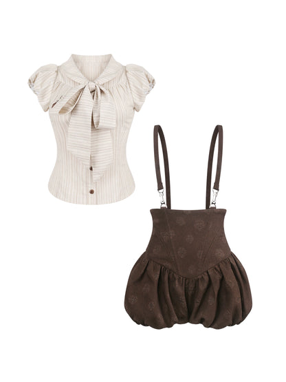 Caramel Cocoa Striped Blouse + Suspender Pants