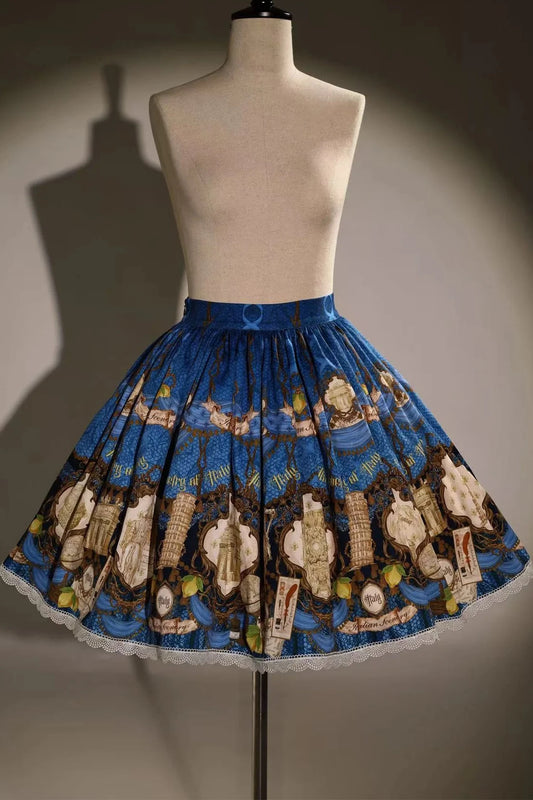 [116 reservation deadline] Klassischer Lolita-Rock mit Vintage-Print in Marineblau/Braun, inspiriert von italienischen Reisetagebüchern