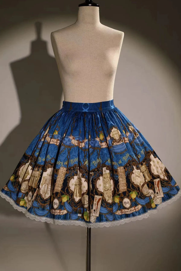 [Pre-order Deadline: November 6] Navy Blue/Brown Classic Italian Travel Diary Lolita Vintage Print Skirt