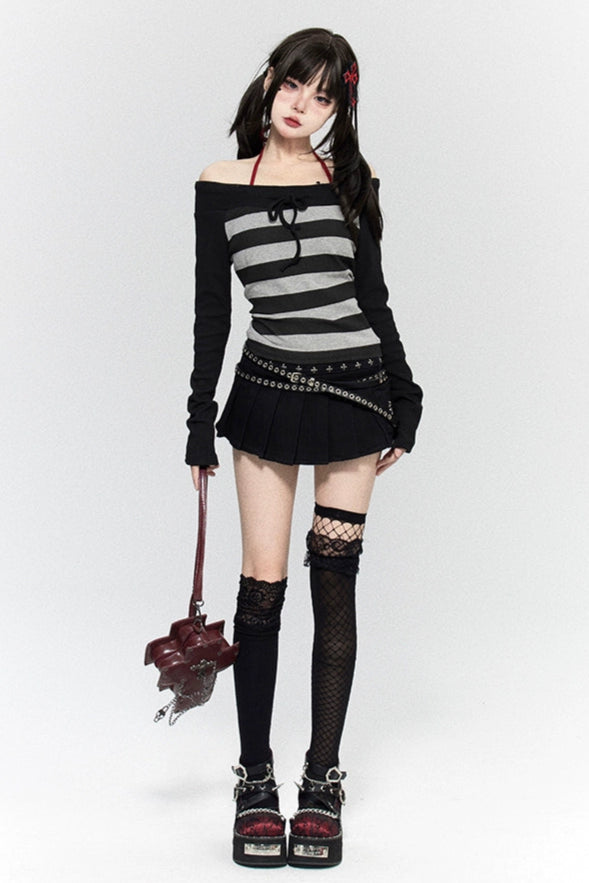 ボーダーオフショルダーY2Kトップス