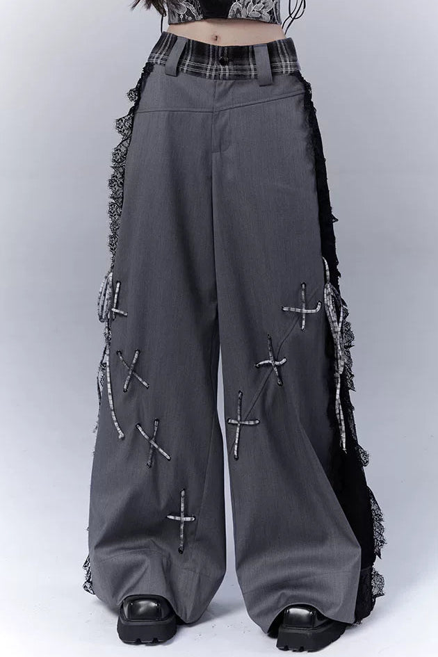 ダークバイカラーシークレットレースパッチワークパンツ