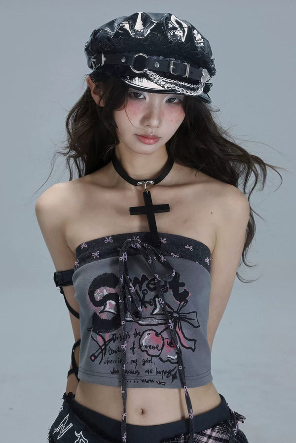 Y2Kパッチワークプリンテッドチューブトップ