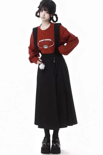 Pinsafik [Tachikawa] red and black temperament New Year's suspender skirt wool collar jacket looks thin New Year's Eve 