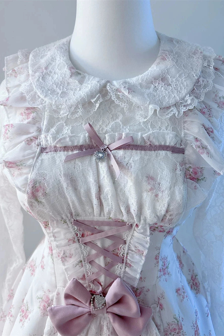 【10月28日予約締切】Pink/White/Black/White 4-Piece Set: Floral Tiered Lace Long-Sleeve Dress + Shorts + Pair of Ribbon Hair Clips + Bow Tie