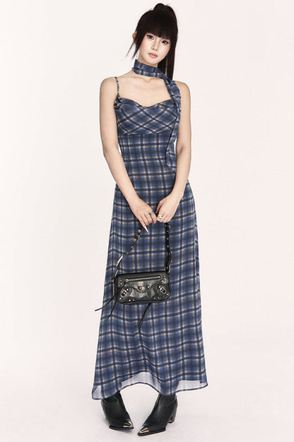 Chic French Resort Plaid Halter Maxi Dress