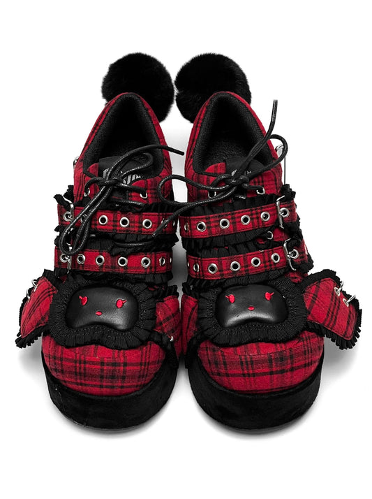 深色兔子红格子平台鞋[全红和黑红]。
