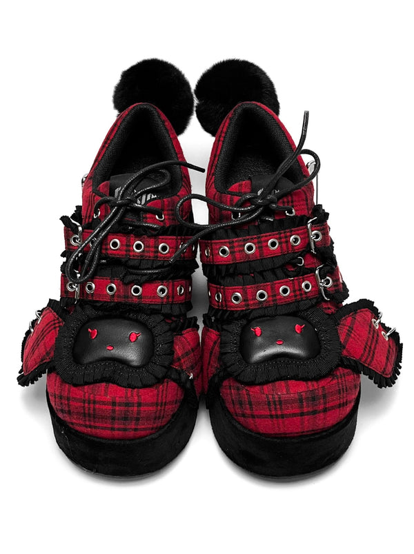 Dark Bunny Red Check Platform Shoes [All Red, Black Red].