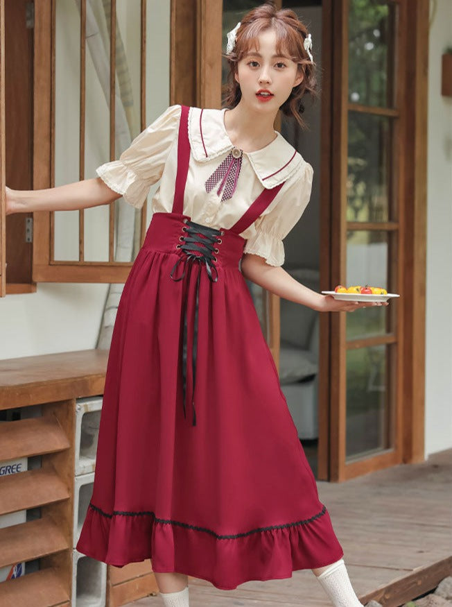 Doll Collar Shirt + Lace-up Suspender Skirt