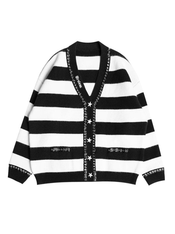 Custom Star Button Punk Goth Style Striped Knit Cardigan