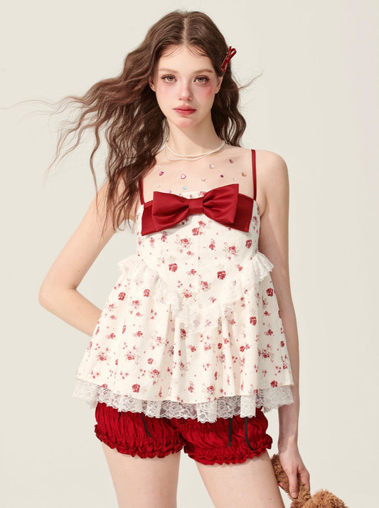 5월 31일 20시 판매】레스 아이 로즈 드림 리본 인형 셔츠 서스펜더 달콤한 티셔츠 여자
