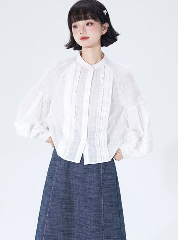 Shallot Stand-Up Collar Raglan Sleeve Blouse