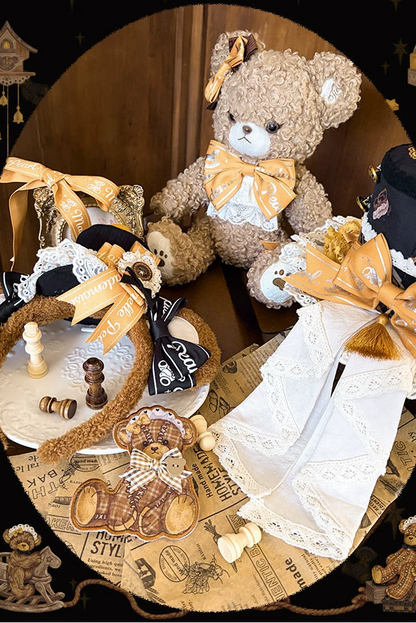 【9月8日予約締切】Vintage Teddy Bear Classic Lolita Series Accessories（Black Hat With Ribbon Train / Mini Hat &amp; Bear Ear KC With Ribbon Decoration / Bear Ear Bonnet / Brown Bear Brooch / Bear Embroidered Brooch）