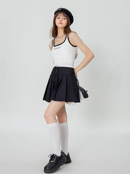 Lace-up Pleated High Waist Skirt