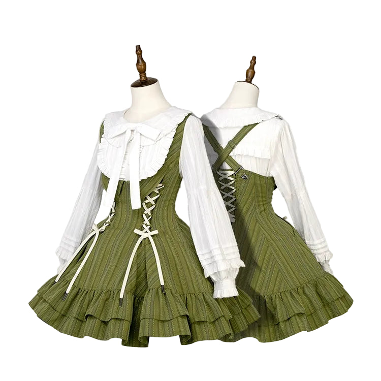 【12月29日予約締切】ゴシックロリータダークカラーストライプバッククロスフリルサスドレス