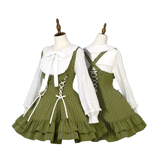 【12月29日予約締切】ゴシックロリータダークカラーストライプバッククロスフリルサスドレス