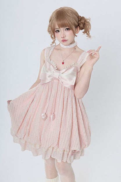 [Reservierungsschluss 29. Mai] Romantisches Feen-Ballonkleid mit rosa Punkten und Schleife