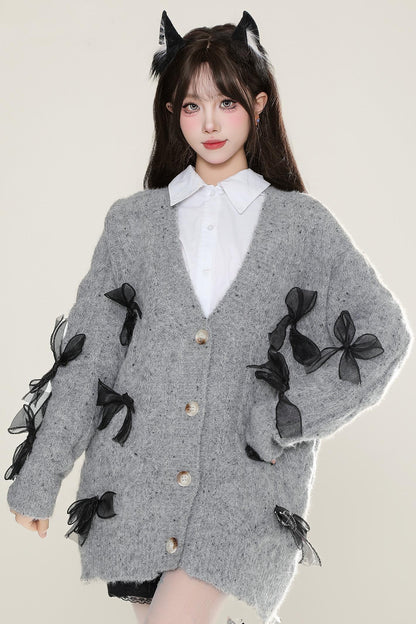 Mohair Bow Detail V-Neck Cardigan