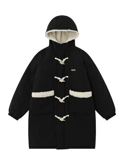 Horn Button Lamb Wool Splicing Hooded Cotton Coat