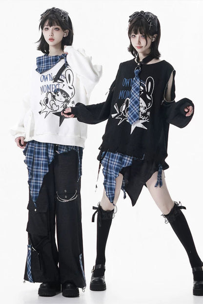 オフショルダースウェットトップス+アシメスカート+ロングパンツ