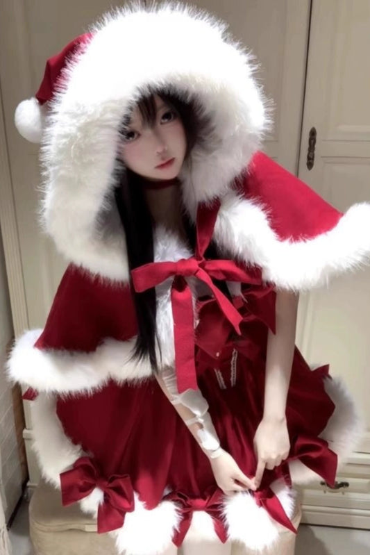 Sweet Christmas Fur Hooded Cape + Camisole Dress