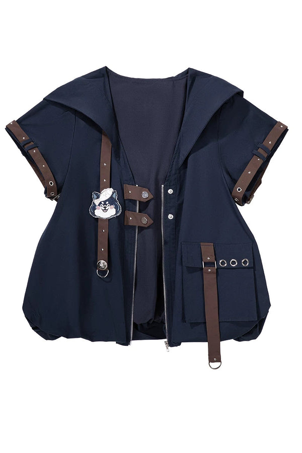 【9月25日予約締切】Prince Style Street Casual Cat Ear Hooded Short-Sleeve Jacket + Dog Print Top + Shorts with Leg Rings＋Full Set