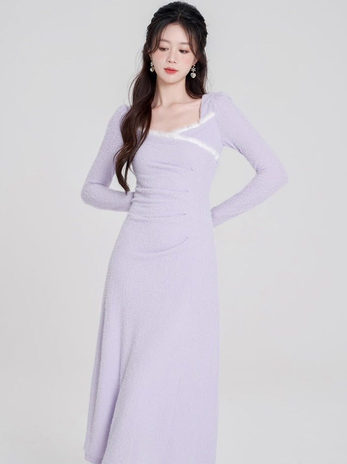 Sweet Purple Square Neck Slim Long Dress