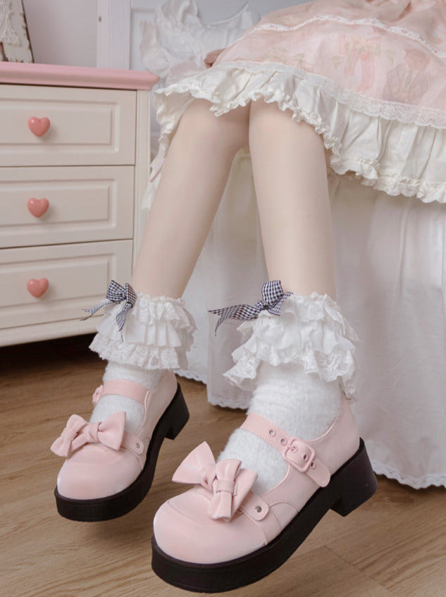 Lolita Sweet Round Toe Mid Heel Ribbon Mary Jane Shoes