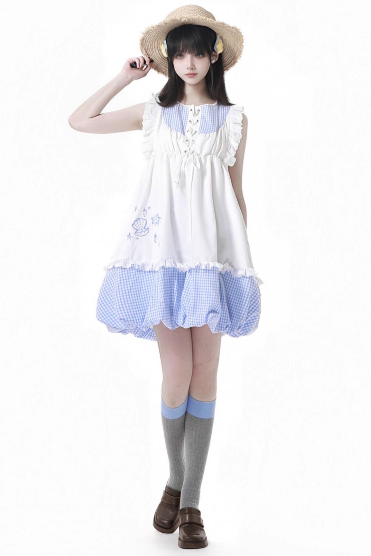 シェルパズルノースリーブトップス＋チェックショートパンツ＋バルーンドレス