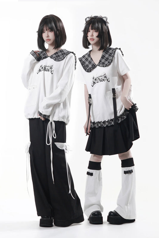 ラペルチェックカラートップス+スカート+パンツ+レッグウォーマー