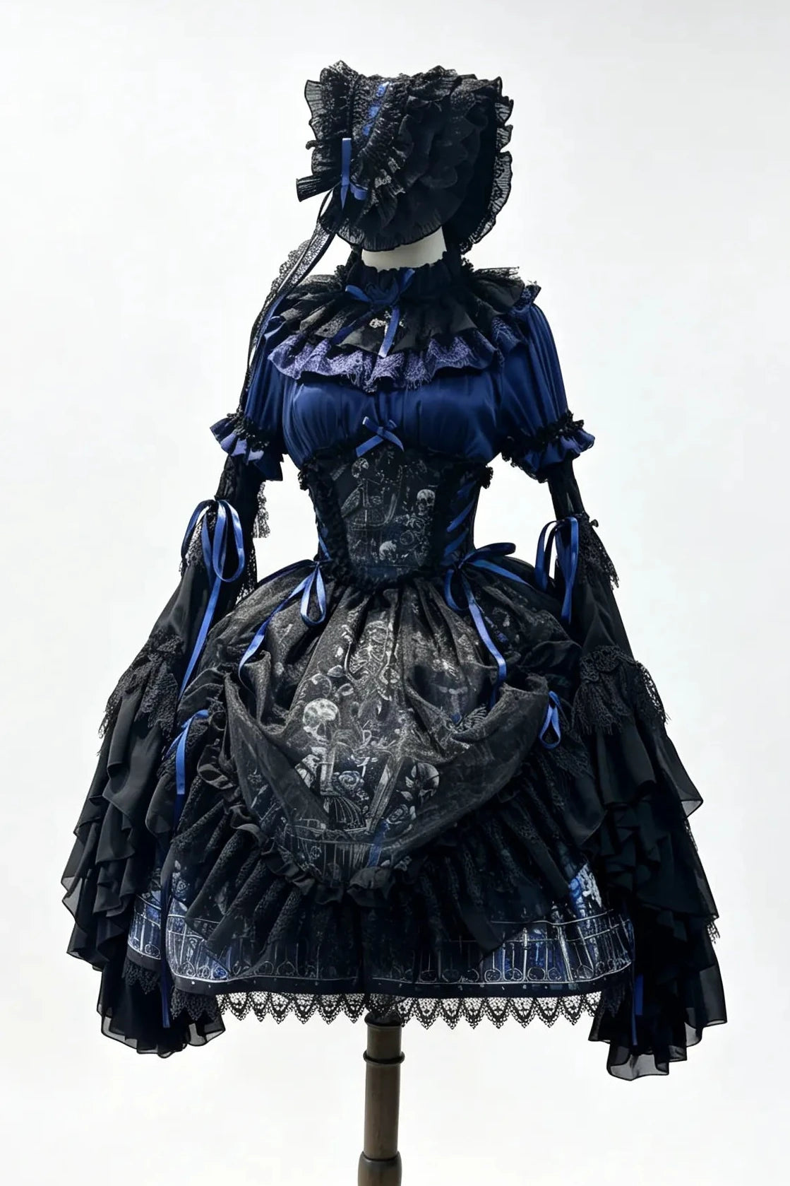【11月25日予約締切】Gothic Lolita Frill Lace Puff Sleeve Satin Shirt + Skeleton Lace Layered Corset Skirt + Detachable Bell Sleeves + Bonnet Set