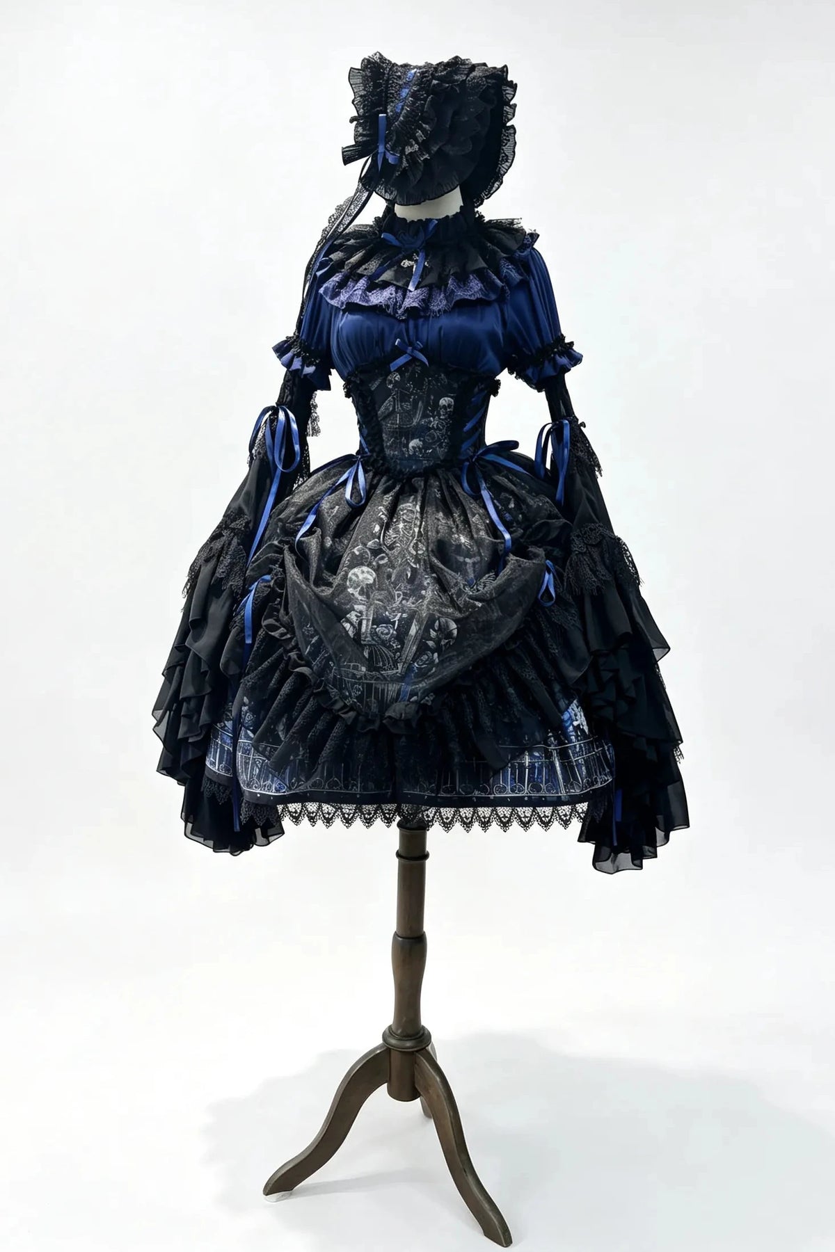 【11月25日予約締切】Gothic Lolita Frill Lace Puff Sleeve Satin Shirt + Skeleton Lace Layered Corset Skirt + Detachable Bell Sleeves + Bonnet Set