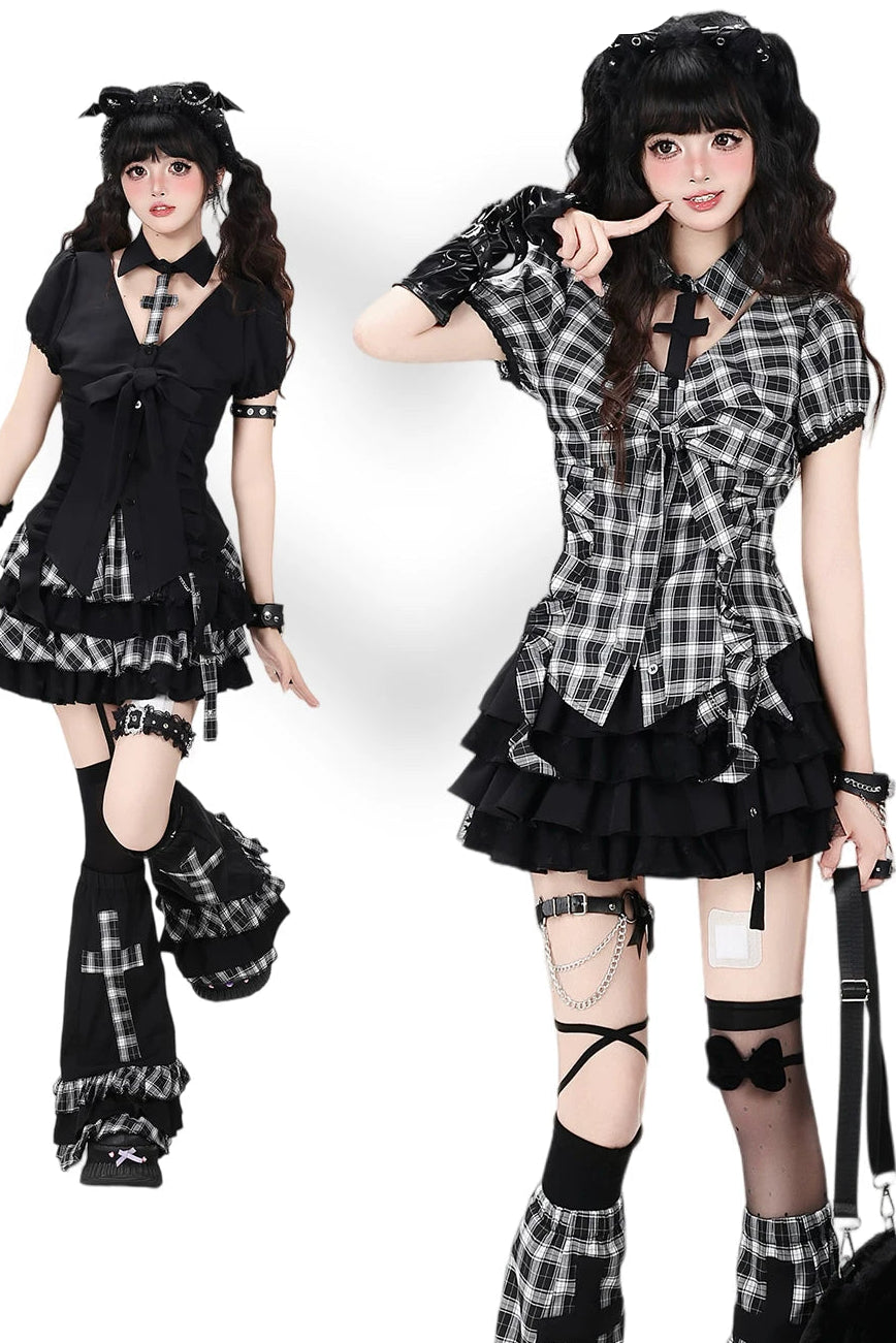 Karierte Gothic-Kreuz-Bluse + Rock + Beinstulpen