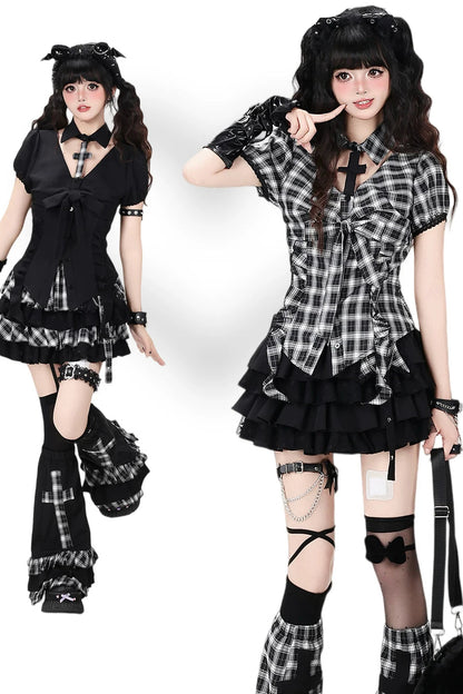 Karierte Gothic-Kreuz-Bluse + Rock + Beinstulpen