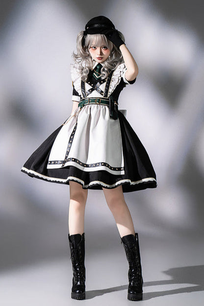 Schwarz-grünes Militär-Maid-Lolita-Kleid Komplettset