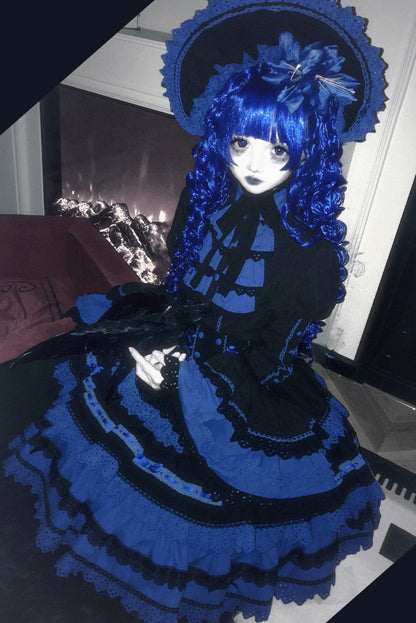 [Vorbestellfrist: 13. Juli] Kleinblaue Gothic-Lolita-Rüschen-Stufenkleid-Komplettset
