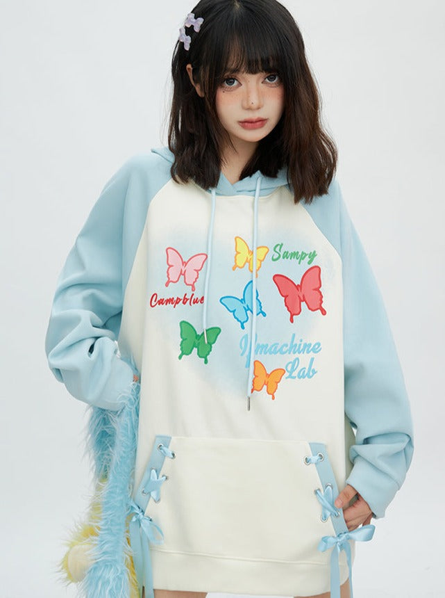 Butterfly Art Bicolor Lace-Up Hooded Hoodie