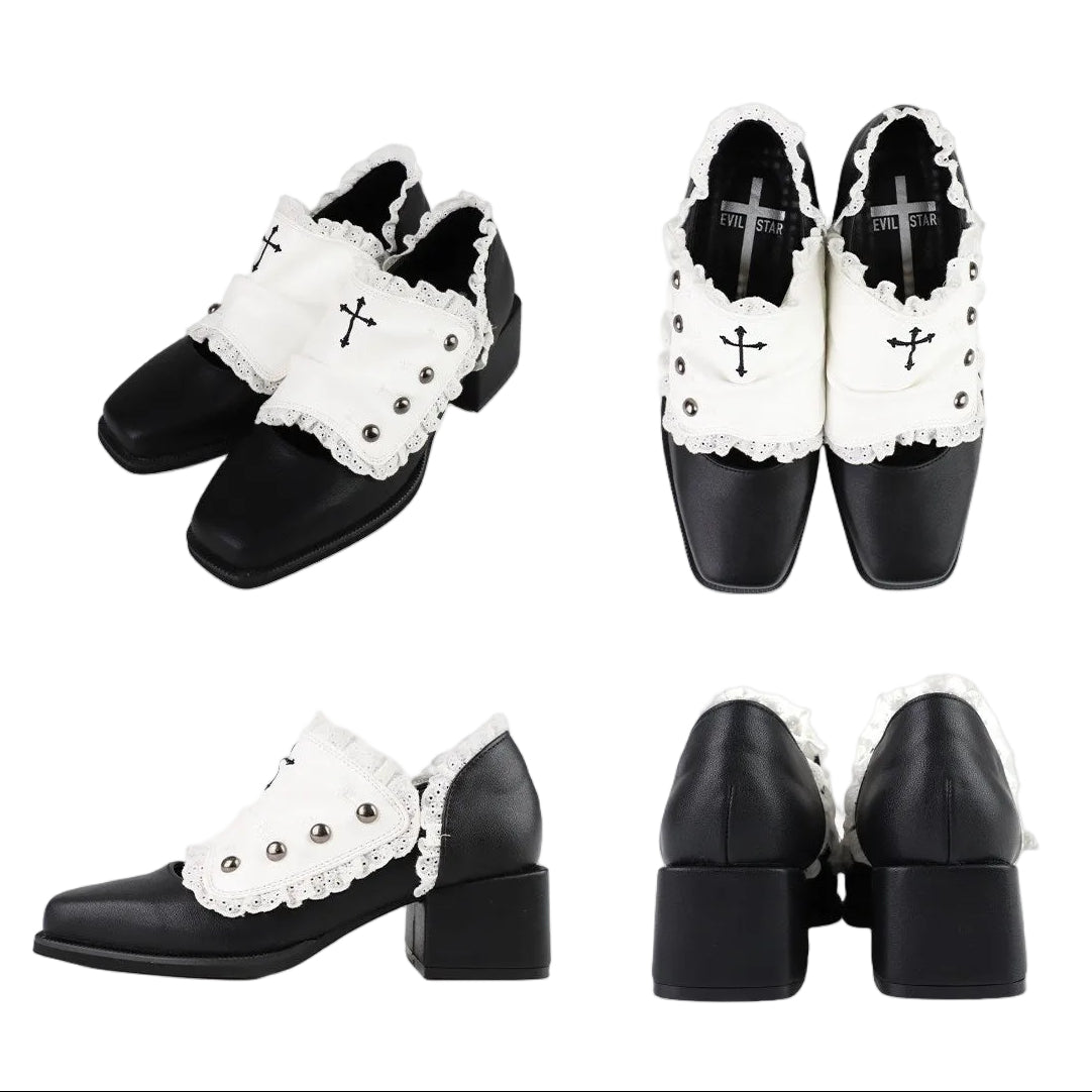 [Reservierungsschluss 24. Mai] Gothic-Lolita-Prinzenschuhe mit Spitzenbesatz und Kreuzdetail