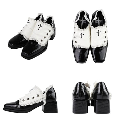 [Reservierungsschluss 24. Mai] Gothic-Lolita-Prinzenschuhe mit Spitzenbesatz und Kreuzdetail